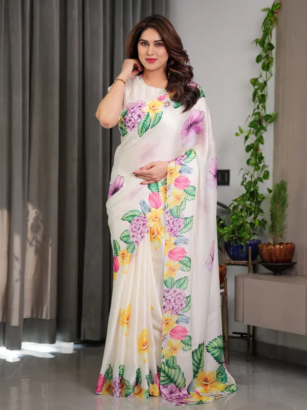 Ivory_White_Satin_Georgette_Tropical_Floral_Garden_Print_Saree_For_Women