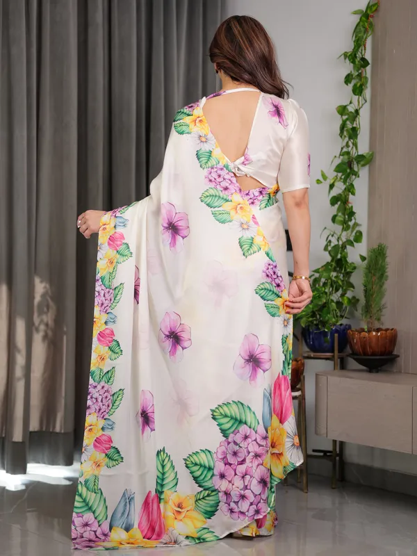 Ivory_White_Satin_Georgette_Tropical_Floral_Garden_Print_Saree_For_Women