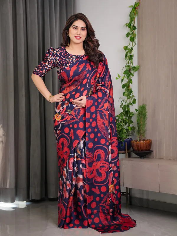 Navy_Blue_Abstract_Floral_&_Polka_Print_Satin_Georgette_Saree_with_Red_Brushstroke_Motifs_&_Designer_Attached_Blouse