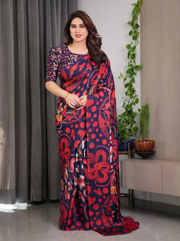 Navy_Blue_Abstract_Floral_&_Polka_Print_Satin_Georgette_Saree_with_Red_Brushstroke_Motifs_&_Designer_Attached_Blouse