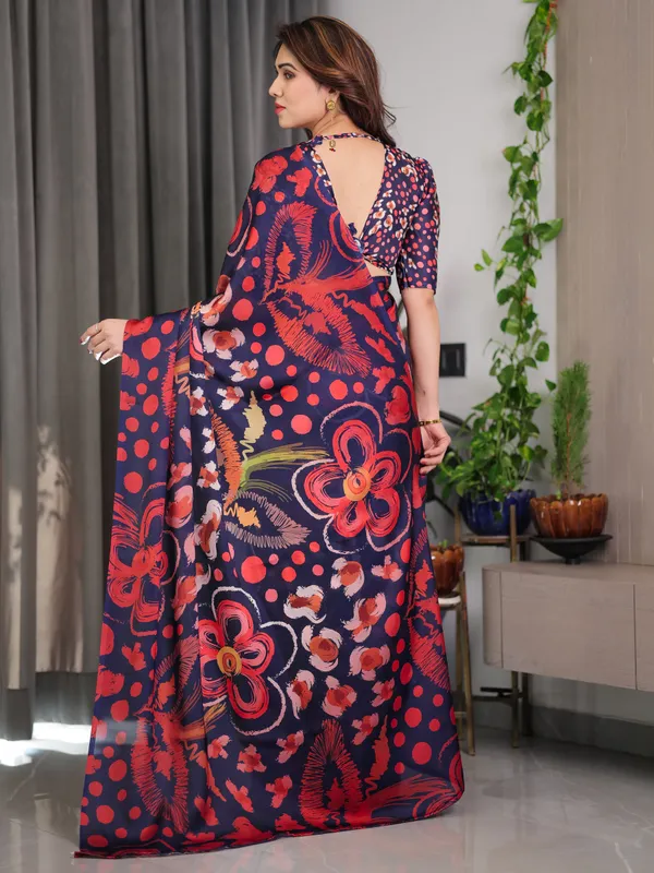 Navy_Blue_Abstract_Floral_&_Polka_Print_Satin_Georgette_Saree_with_Red_Brushstroke_Motifs_&_Designer_Attached_Blouse