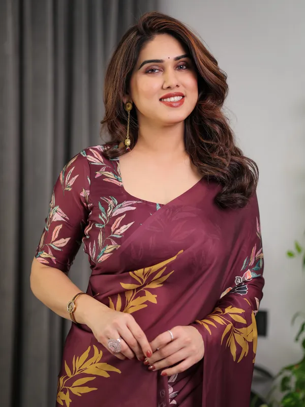 Maroon_Floral_Satin_Georgette_Saree_with_Mustard_Leaf_Print_&_Designer_Attached_Blouse_–_Soft_Elegant_Draping_Saree