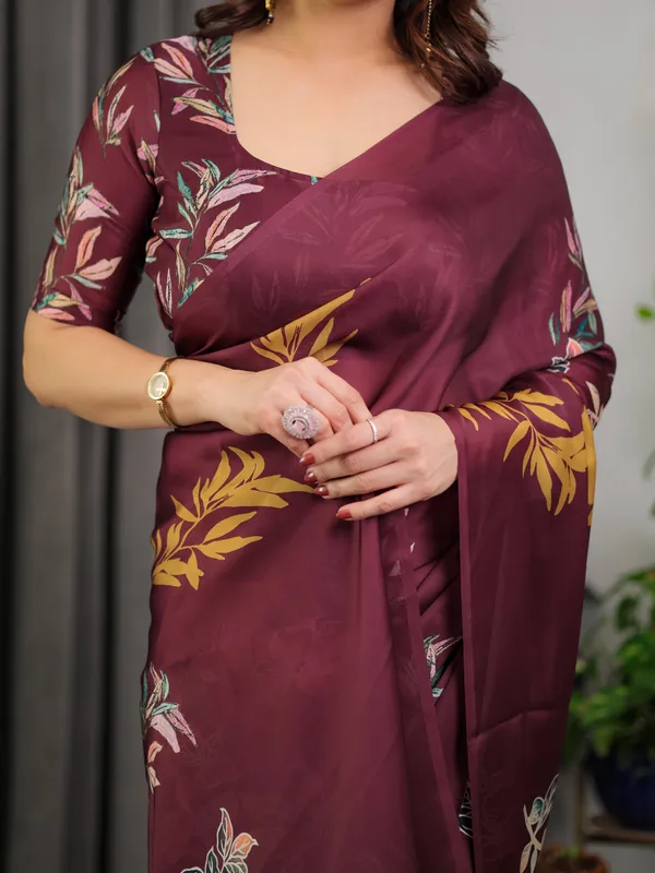 Maroon_Floral_Satin_Georgette_Saree_with_Mustard_Leaf_Print_&_Designer_Attached_Blouse_–_Soft_Elegant_Draping_Saree