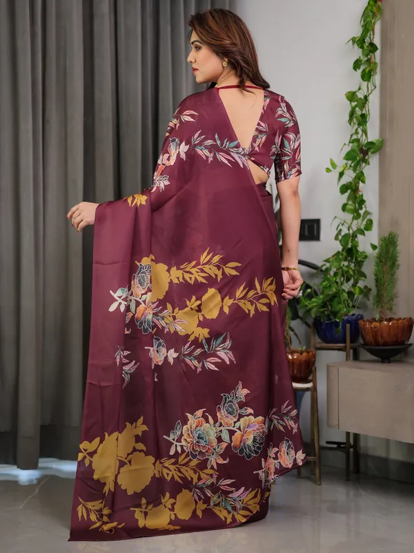 Maroon_Floral_Satin_Georgette_Saree_with_Mustard_Leaf_Print_&_Designer_Attached_Blouse_–_Soft_Elegant_Draping_Saree