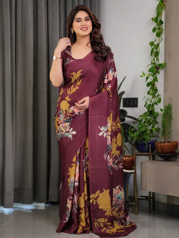 Maroon_Floral_Satin_Georgette_Saree_with_Mustard_Leaf_Print_&_Designer_Attached_Blouse_–_Soft_Elegant_Draping_Saree