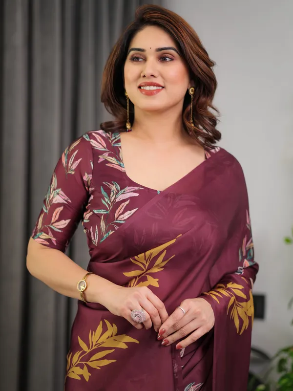 Maroon_Floral_Satin_Georgette_Saree_with_Mustard_Leaf_Print_&_Designer_Attached_Blouse_–_Soft_Elegant_Draping_Saree