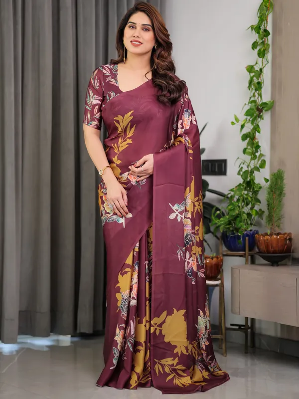 Maroon_Floral_Satin_Georgette_Saree_with_Mustard_Leaf_Print_&_Designer_Attached_Blouse_–_Soft_Elegant_Draping_Saree