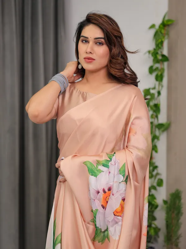 Peach_Satin_Georgette_Floral_Printed_Saree_with_Attached_Blouse_–_Soft_Pastel_Designer_Saree_for_Festive_&_Elegant_Wear