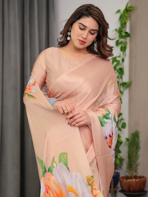 Peach_Satin_Georgette_Floral_Printed_Saree_with_Attached_Blouse_–_Soft_Pastel_Designer_Saree_for_Festive_&_Elegant_Wear