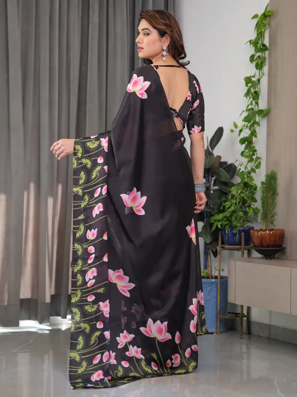Black_Satin_Georgette_Lotus_Floral_Printed_Saree_with_Attached_Blouse_–_Elegant_Designer_Saree_for_Festive_&_Evening_Wear