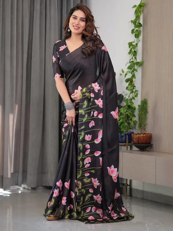 Black_Satin_Georgette_Lotus_Floral_Printed_Saree_with_Attached_Blouse_–_Elegant_Designer_Saree_for_Festive_&_Evening_Wear