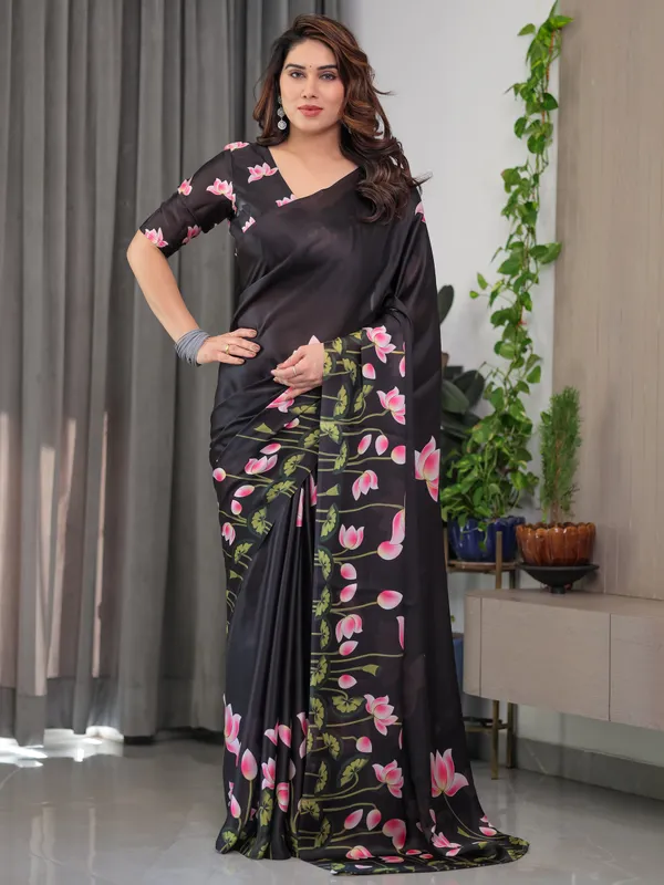 Black_Satin_Georgette_Lotus_Floral_Printed_Saree_with_Attached_Blouse_–_Elegant_Designer_Saree_for_Festive_&_Evening_Wear