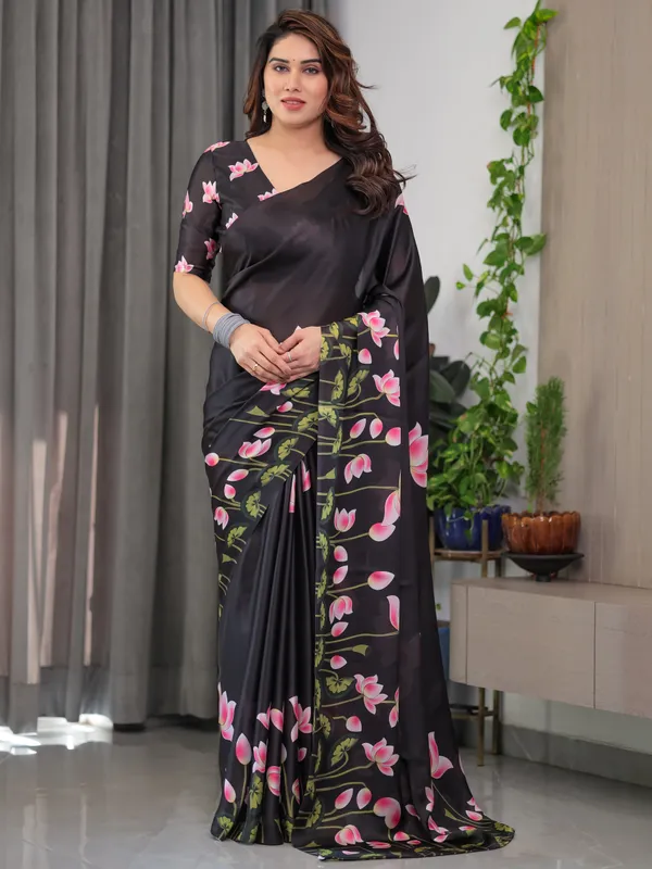 Black_Satin_Georgette_Lotus_Floral_Printed_Saree_with_Attached_Blouse_–_Elegant_Designer_Saree_for_Festive_&_Evening_Wear