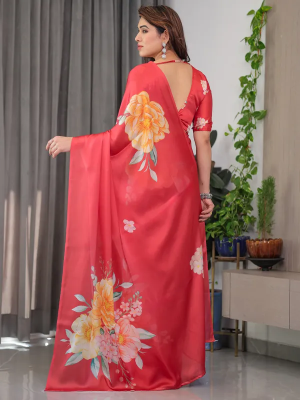 Coral_Red_Satin_Georgette_Floral_Printed_Saree_with_Attached_Blouse_–_Elegant_Designer_Saree_for_Festive_&_Party_Wear