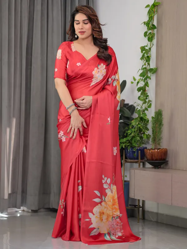 Coral_Red_Satin_Georgette_Floral_Printed_Saree_with_Attached_Blouse_–_Elegant_Designer_Saree_for_Festive_&_Party_Wear