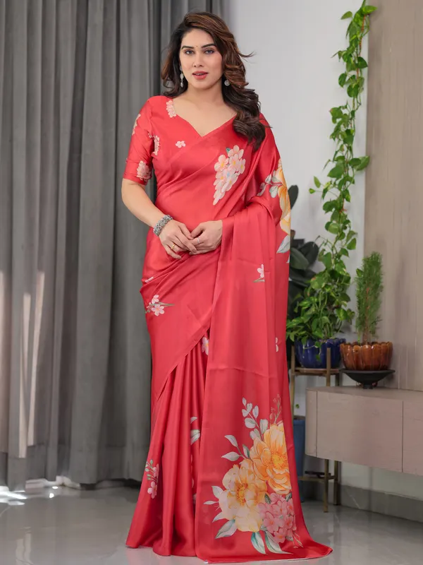 Coral_Red_Satin_Georgette_Floral_Printed_Saree_with_Attached_Blouse_–_Elegant_Designer_Saree_for_Festive_&_Party_Wear