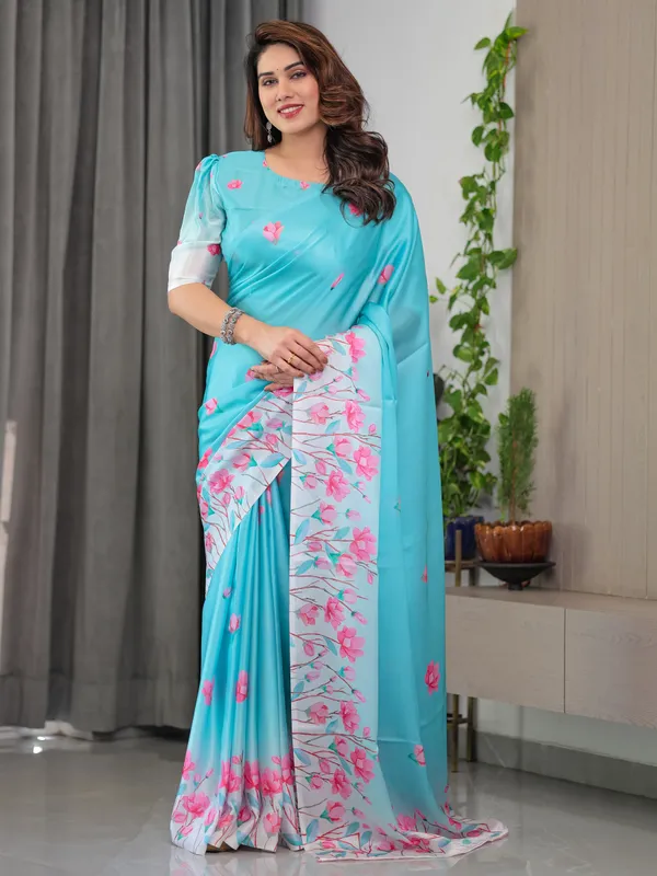 Aqua_Blue_Satin_Georgette_Pink_Floral_Printed_Saree_with_Attached_Blouse_–_Soft_Pastel_Designer_Saree_for_Elegant_&_Festive_Wear