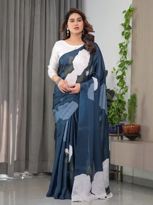 Midnight_Blue_Satin_Georgette_White_Rose_Printed_Saree_with_Attached_Blouse_–_Elegant_Designer_Saree_for_Festive_&_Evening_Wear