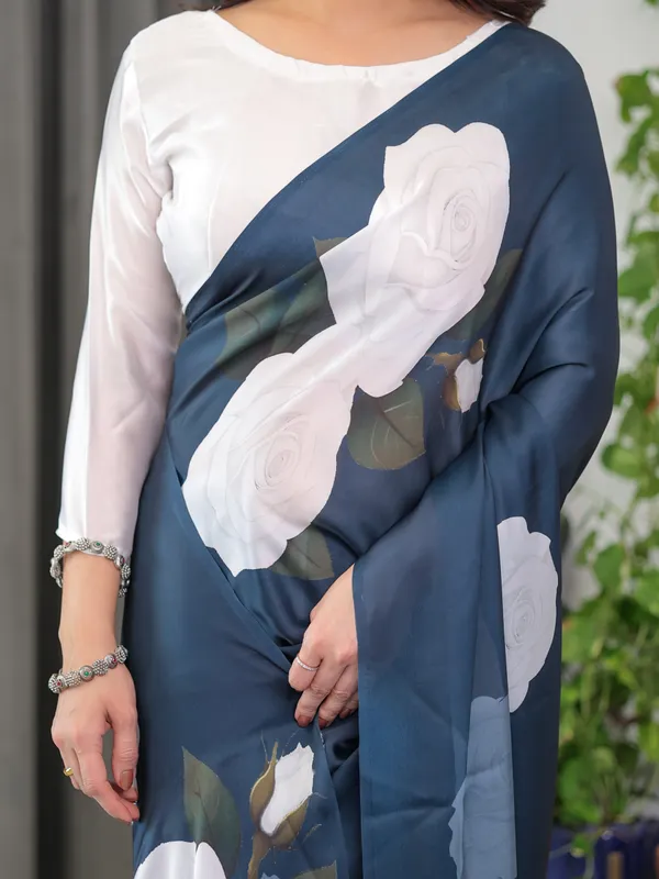 Midnight_Blue_Satin_Georgette_White_Rose_Printed_Saree_with_Attached_Blouse_–_Elegant_Designer_Saree_for_Festive_&_Evening_Wear