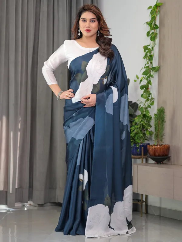 Midnight_Blue_Satin_Georgette_White_Rose_Printed_Saree_with_Attached_Blouse_–_Elegant_Designer_Saree_for_Festive_&_Evening_Wear