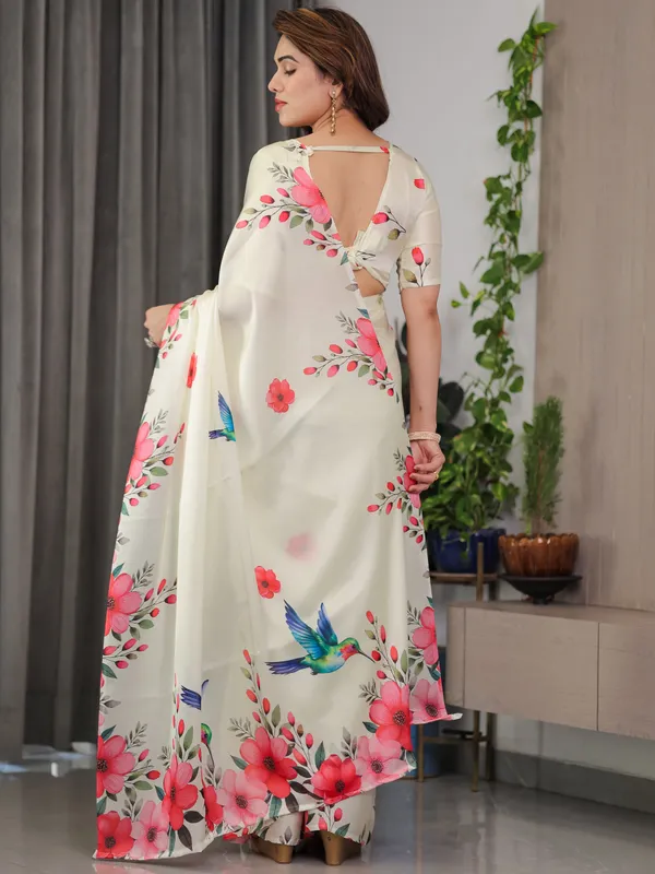Ivory_Cream_Satin_Georgette_Floral_&_Bird_Printed_Saree_with_Attached_Blouse_–_Elegant_Nature-Inspired_Designer_Saree