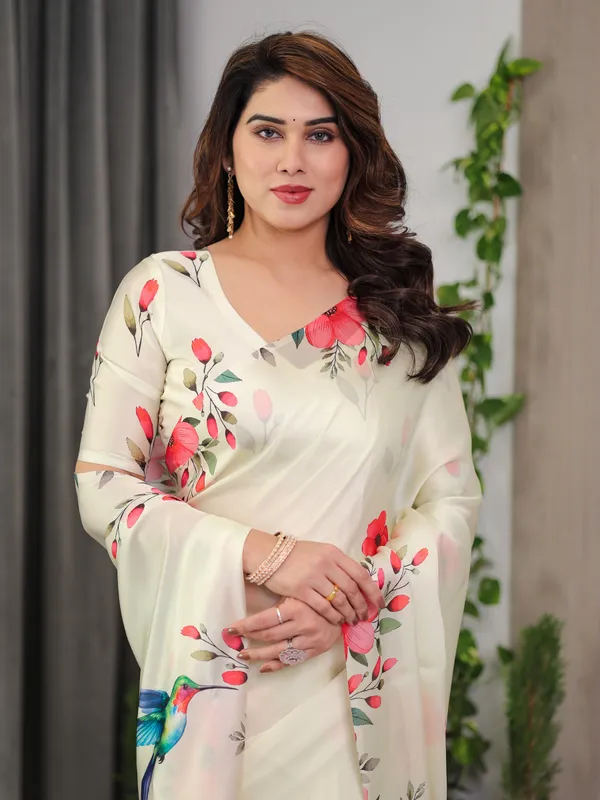 Ivory_Cream_Satin_Georgette_Floral_&_Bird_Printed_Saree_with_Attached_Blouse_–_Elegant_Nature-Inspired_Designer_Saree