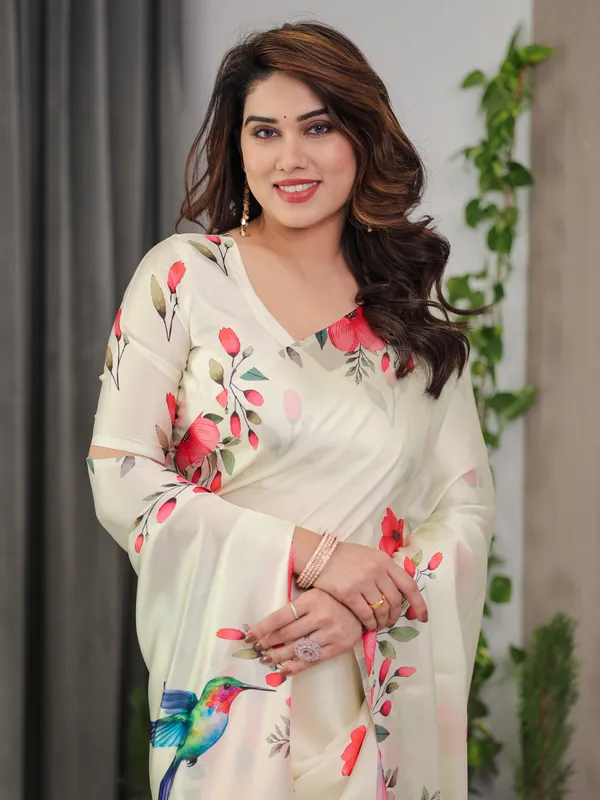 Ivory_Cream_Satin_Georgette_Floral_&_Bird_Printed_Saree_with_Attached_Blouse_–_Elegant_Nature-Inspired_Designer_Saree