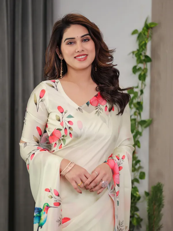 Ivory_Cream_Satin_Georgette_Floral_&_Bird_Printed_Saree_with_Attached_Blouse_–_Elegant_Nature-Inspired_Designer_Saree