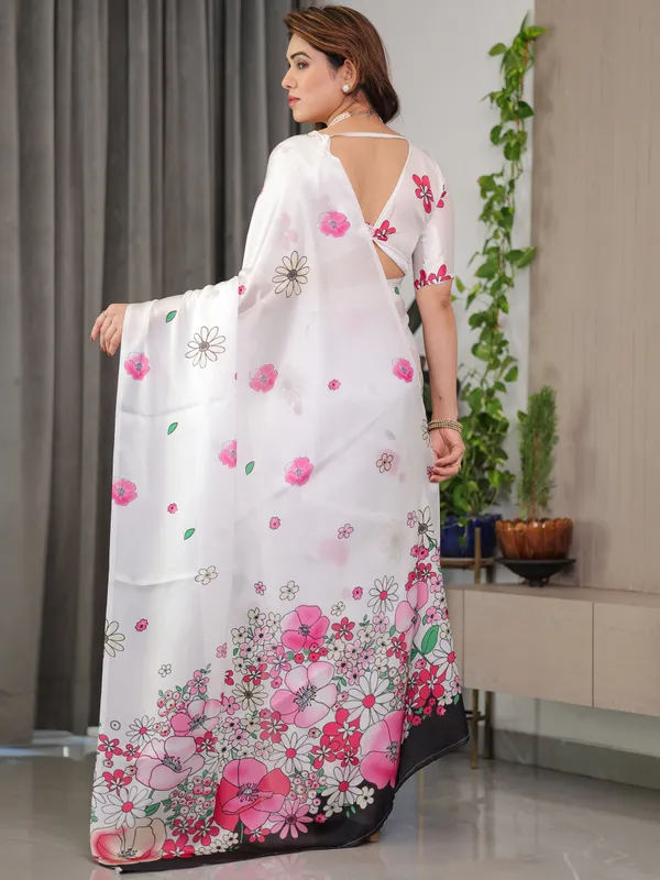 White_Satin_Georgette_Floral_Printed_Saree_with_Pink_Blossom_Border_&_Attached_Blouse_–_Elegant_Lightweight_Designer_Drape