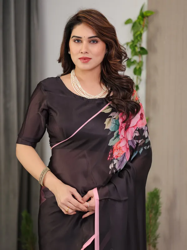 Black_Satin_Georgette_Floral_Printed_Saree_with_Soft_Pink_Border_&_Attached_Blouse_–_Elegant_Designer_Partywear_Drape