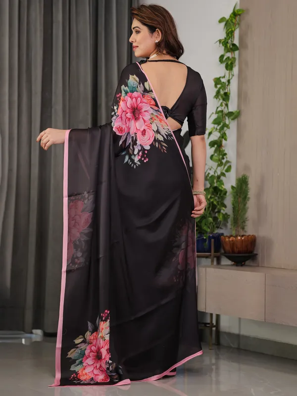 Black_Satin_Georgette_Floral_Printed_Saree_with_Soft_Pink_Border_&_Attached_Blouse_–_Elegant_Designer_Partywear_Drape