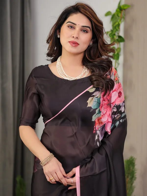 Black_Satin_Georgette_Floral_Printed_Saree_with_Soft_Pink_Border_&_Attached_Blouse_–_Elegant_Designer_Partywear_Drape