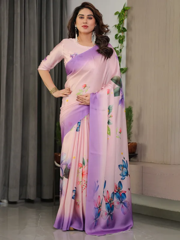 Lavender_Pink_Satin_Georgette_Floral_Printed_Saree_with_Ombre_Border_&_Attached_Blouse_–_Soft_Pastel_Designer_Elegance
