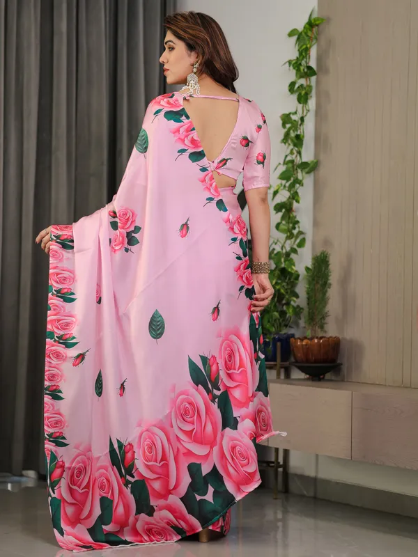 Baby_Pink_Satin_Georgette_Rose_Floral_Printed_Saree_with_Attached_Blouse_–_Elegant_Soft-Flow_Designer_Saree