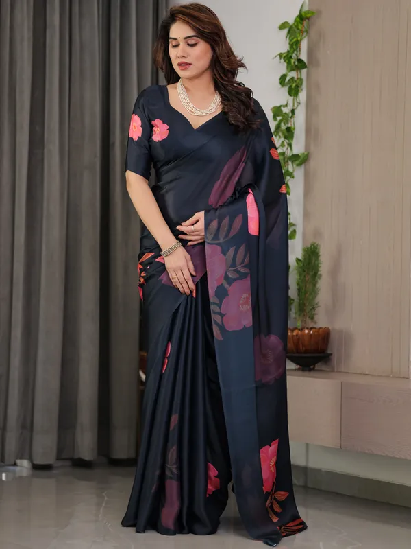 Midnight_Navy_Blue_Satin_Georgette_Floral_Printed_Saree_with_Attached_Blouse_–_Elegant_Rose_Bloom_Designer_Drape