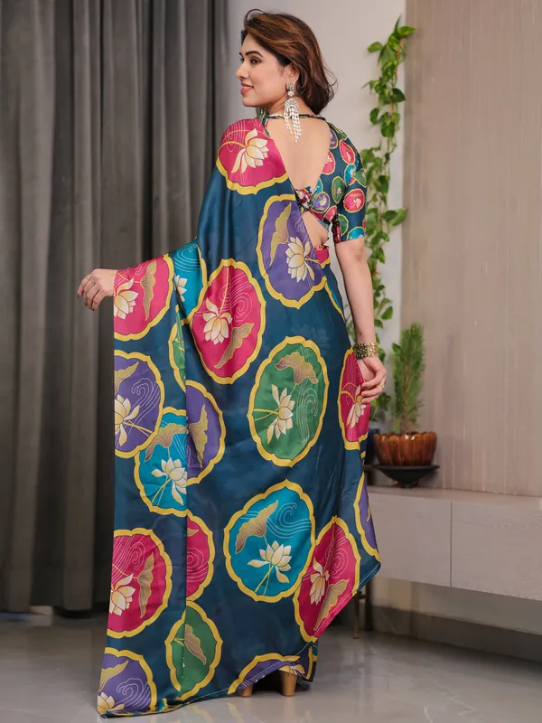 Teal_Blue_Satin_Georgette_Lotus_Medallion_Printed_Saree_with_Attached_Blouse_–_Multicolour_Floral_Designer_Drape