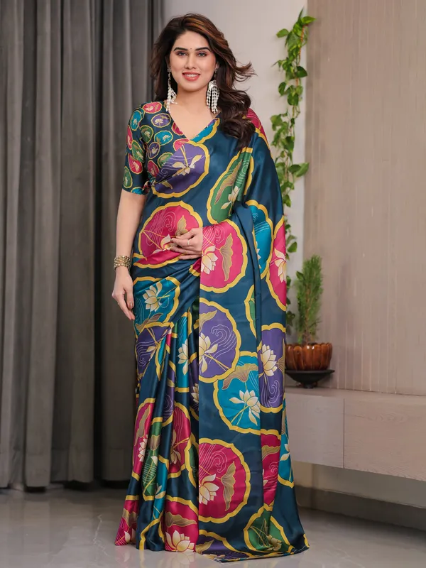 Teal_Blue_Satin_Georgette_Lotus_Medallion_Printed_Saree_with_Attached_Blouse_–_Multicolour_Floral_Designer_Drape