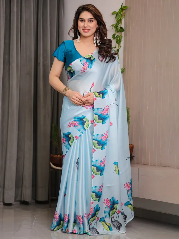 Sky_Blue_Satin_Georgette_Lotus_&_Crane_Printed_Saree_with_Attached_Blouse_–_Serene_Nature-Inspired_Designer_Drape
