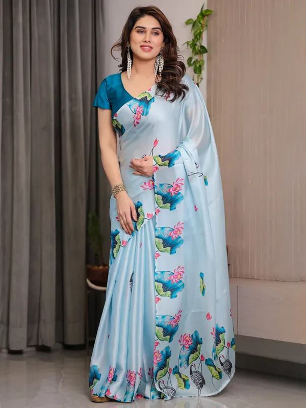 Sky_Blue_Satin_Georgette_Lotus_&_Crane_Printed_Saree_with_Attached_Blouse_–_Serene_Nature-Inspired_Designer_Drape