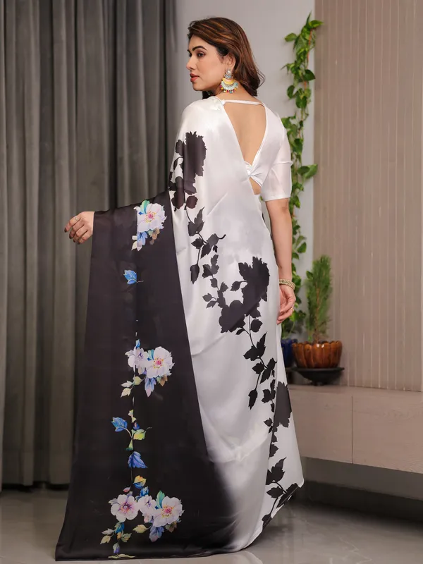 Ivory_White_&_Black_Satin_Georgette_Floral_Printed_Saree_with_Attached_Blouse_–_Elegant_Contrast_Bloom_Designer_Drape