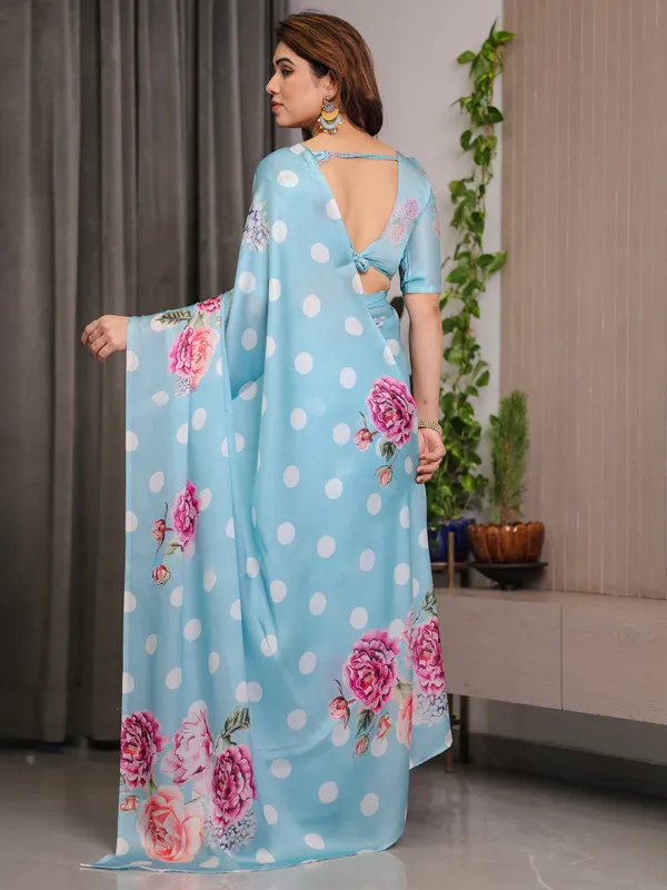 Sky_Blue_Satin_Georgette_Polka_Dot_&_Floral_Printed_Saree_with_Attached_Blouse_–_Chic_Rose_Bloom_Designer_Drape