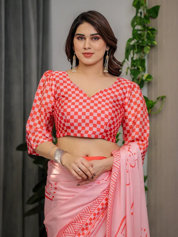 Blush_Pink_Satin_Georgette_Saree_with_Romantic_Couple_Illustration_Pallu,_Love_Typography_and_Attached_Red_Checkered_Blouse_–_5.5_Meter_Designer_Saree_for_Valentine’s_Day_&_Anniversary_Wear