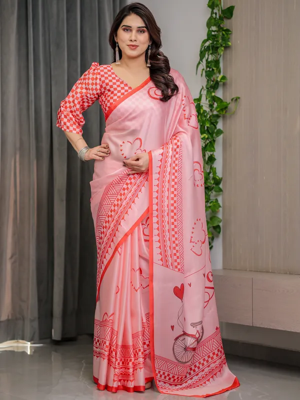 Blush_Pink_Satin_Georgette_Saree_with_Romantic_Couple_Illustration_Pallu,_Love_Typography_and_Attached_Red_Checkered_Blouse_–_5.5_Meter_Designer_Saree_for_Valentine’s_Day_&_Anniversary_Wear