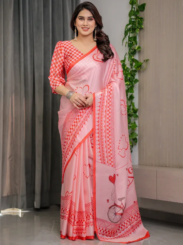 Blush_Pink_Satin_Georgette_Saree_with_Romantic_Couple_Illustration_Pallu,_Love_Typography_and_Attached_Red_Checkered_Blouse_–_5.5_Meter_Designer_Saree_for_Valentine’s_Day_&_Anniversary_Wear
