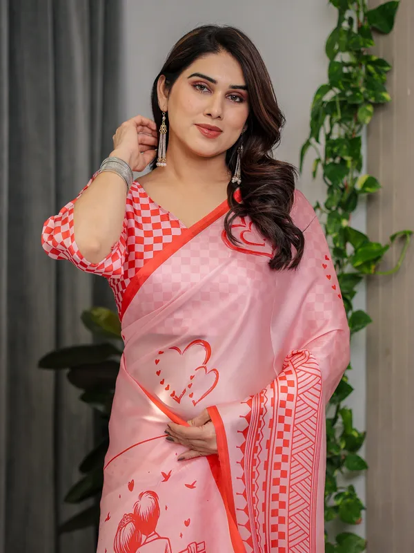 Blush_Pink_Satin_Georgette_Saree_with_Romantic_Couple_Illustration_Pallu,_Love_Typography_and_Attached_Red_Checkered_Blouse_–_5.5_Meter_Designer_Saree_for_Valentine’s_Day_&_Anniversary_Wear