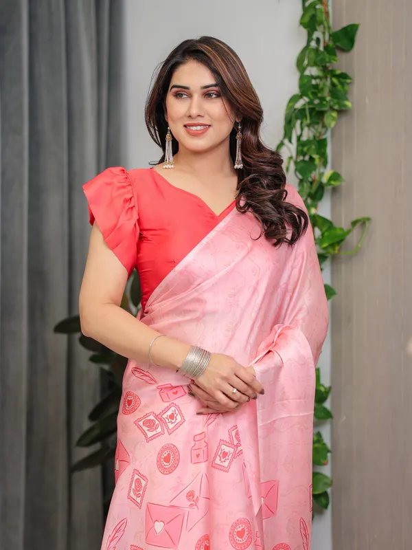 Soft_Baby_Pink_Satin_Georgette_Saree_with_Love_Letter_&_Stamp_Motif_Print_and_Attached_Coral_Red_Plain_Blouse_–_5.5_Meter_Romantic_Designer_Saree_for_Valentine’s_Day_&_Anniversary_Wear