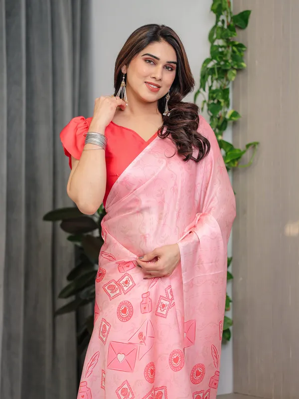 Soft_Baby_Pink_Satin_Georgette_Saree_with_Love_Letter_&_Stamp_Motif_Print_and_Attached_Coral_Red_Plain_Blouse_–_5.5_Meter_Romantic_Designer_Saree_for_Valentine’s_Day_&_Anniversary_Wear