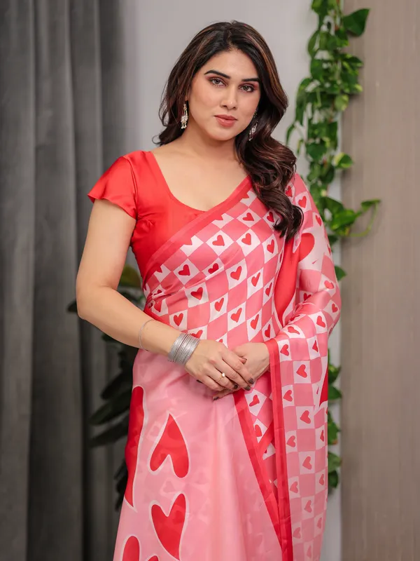 Blush_Pink_Satin_Georgette_Heart_Checkerboard_Printed_Saree_with_Bold_Love_Motif_Pallu_&_Matching_Blouse