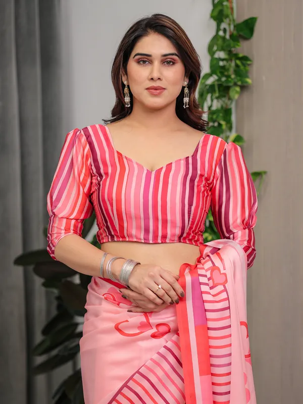 Rose_Pink_Satin_Georgette_Romantic_Printed_Saree_with_Proposal_Silhouette,_Heart_Tree_Pallu_&_Striped_Border_Blouse