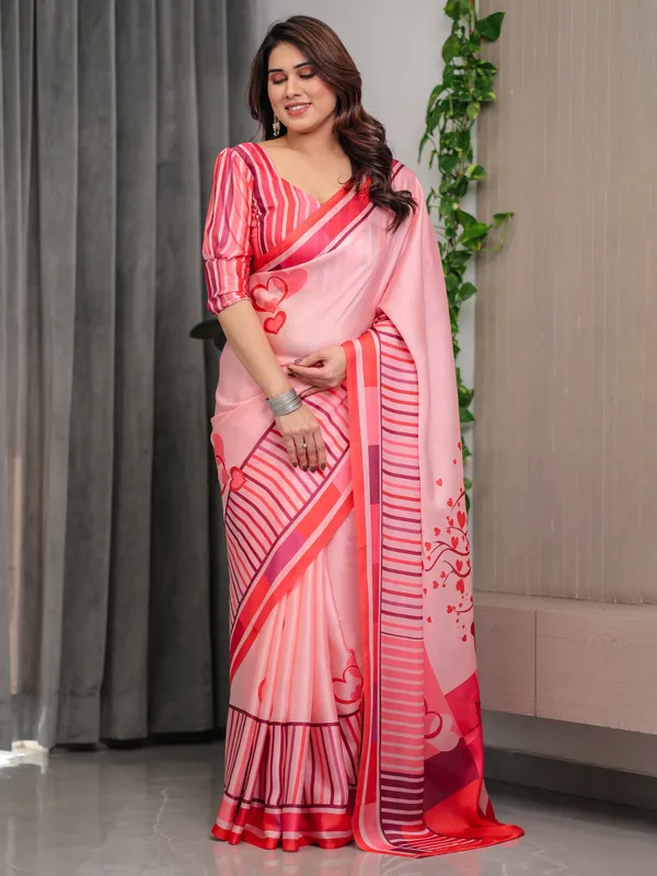 Rose_Pink_Satin_Georgette_Romantic_Printed_Saree_with_Proposal_Silhouette,_Heart_Tree_Pallu_&_Striped_Border_Blouse